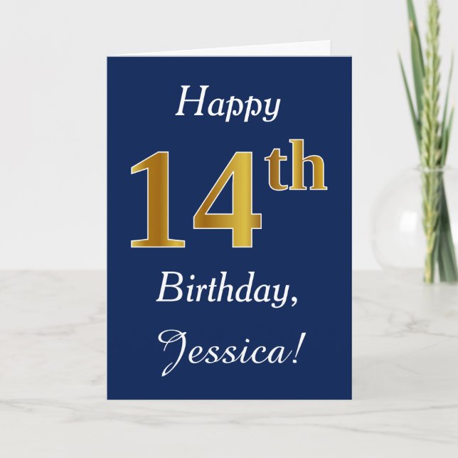 Blue, Faux Gold 14th Birthday + Custom Name Card (Front)