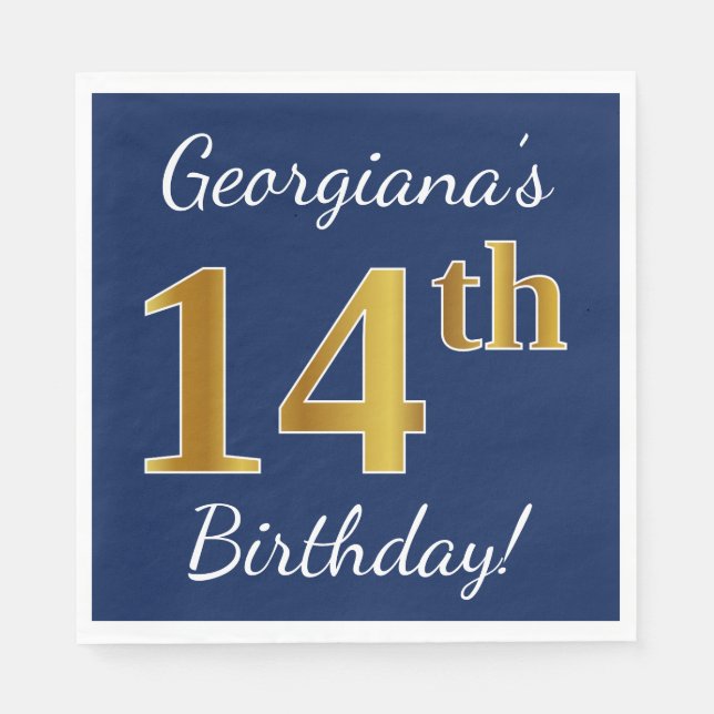Blue, Faux Gold 14th Birthday + Custom Name Paper Napkins (Front)
