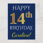 [ Thumbnail: Blue, Faux Gold 14th Birthday + Custom Name Postcard ]