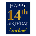 [ Thumbnail: Blue, Faux Gold 14th Birthday + Custom Name Postcard ]