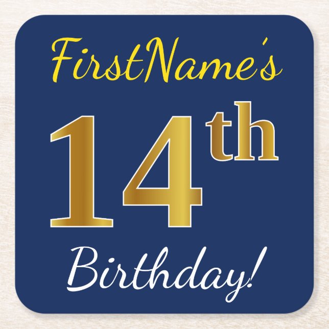 Blue, Faux Gold 14th Birthday + Custom Name Square Paper Coaster (Front)