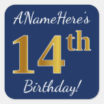 [ Thumbnail: Blue, Faux Gold 14th Birthday + Custom Name Sticker ]