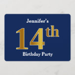 [ Thumbnail: Blue, Faux Gold 14th Birthday Party + Custom Name Invitation ]