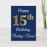 [ Thumbnail: Blue, Faux Gold 15th Birthday + Custom Name Card ]