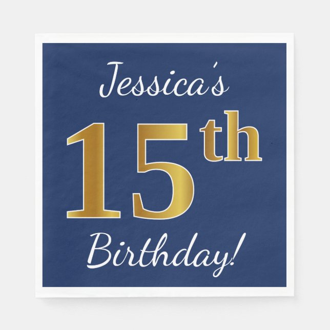 Blue, Faux Gold 15th Birthday + Custom Name Napkins (Front)