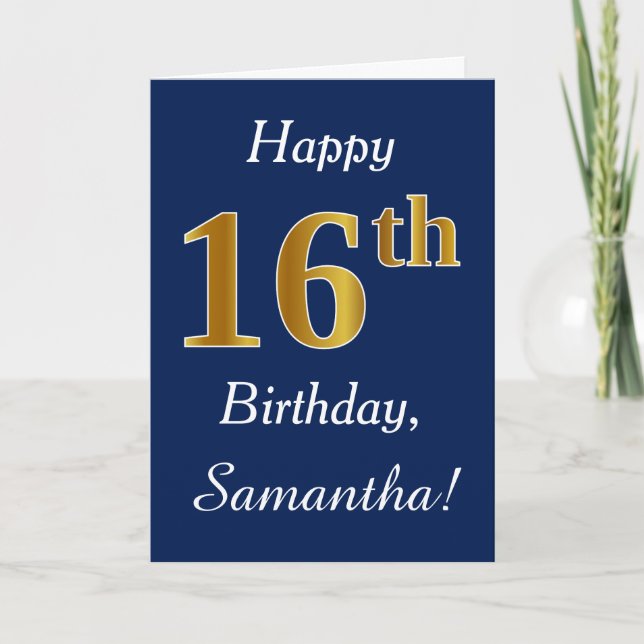 Blue, Faux Gold 16th Birthday + Custom Name Card (Front)