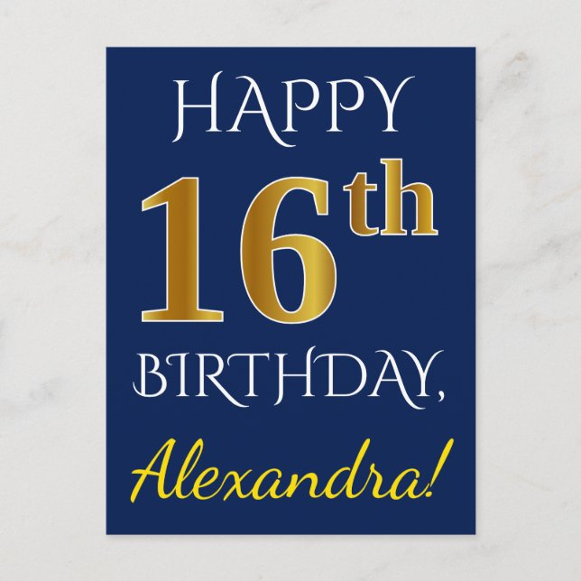 Blue, Faux Gold 16th Birthday + Custom Name Postcard (Front)