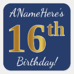 [ Thumbnail: Blue, Faux Gold 16th Birthday + Custom Name Sticker ]