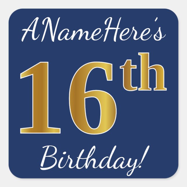 Blue, Faux Gold 16th Birthday + Custom Name Square Sticker (Front)