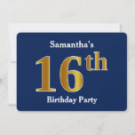 [ Thumbnail: Blue, Faux Gold 16th Birthday Party + Custom Name Invitation ]