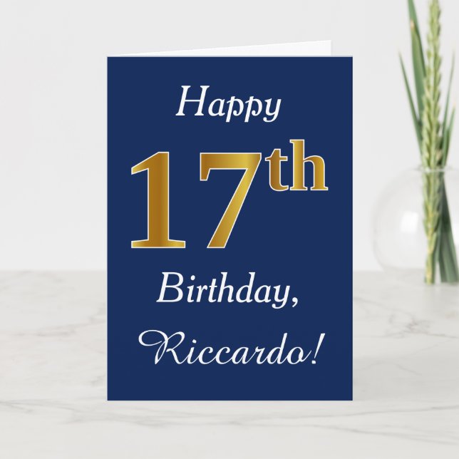 Blue, Faux Gold 17th Birthday + Custom Name Card (Front)