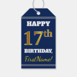 [ Thumbnail: Blue, Faux Gold 17th Birthday + Custom Name Gift Tags ]