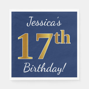Blue, Faux Gold 17th Birthday + Custom Name Napkins