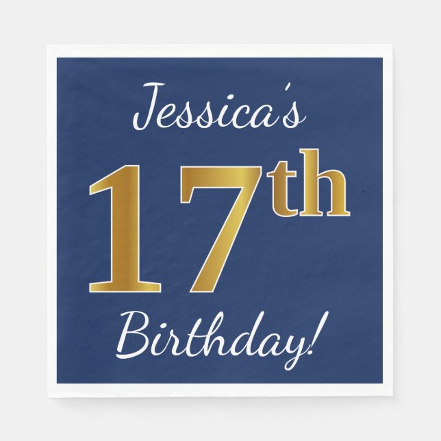 Blue, Faux Gold 17th Birthday + Custom Name Napkins (Front)