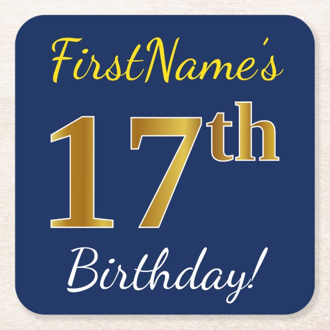 Blue, Faux Gold 17th Birthday + Custom Name Square Paper Coaster (Front)