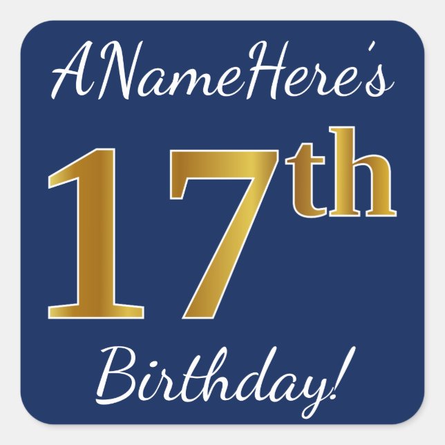 Blue, Faux Gold 17th Birthday + Custom Name Square Sticker (Front)