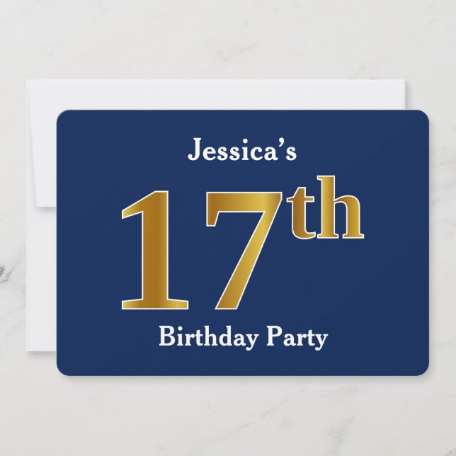 Blue, Faux Gold 17th Birthday Party + Custom Name Invitation (Front)