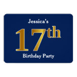 [ Thumbnail: Blue, Faux Gold 17th Birthday Party + Custom Name Invitation ]
