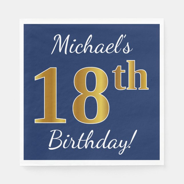Blue, Faux Gold 18th Birthday + Custom Name Paper Napkins (Front)