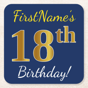 Blue, Faux Gold 18th Birthday + Custom Name Square Paper Coaster