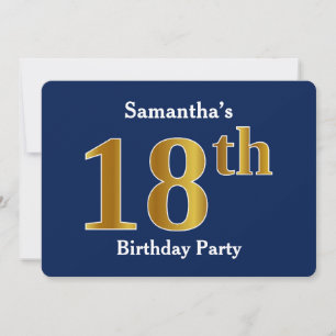 Blue, Faux Gold 18th Birthday Party + Custom Name Invitation
