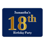 [ Thumbnail: Blue, Faux Gold 18th Birthday Party + Custom Name Invitation ]