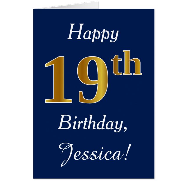Blue, Faux Gold 19th Birthday + Custom Name Cards (Front)