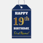 [ Thumbnail: Blue, Faux Gold 19th Birthday + Custom Name Gift Tags ]