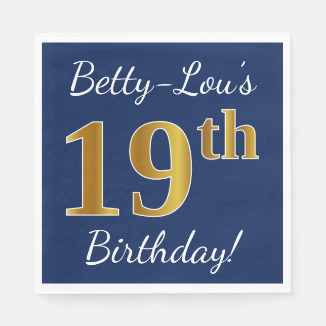 Blue, Faux Gold 19th Birthday + Custom Name Paper Napkins (Front)