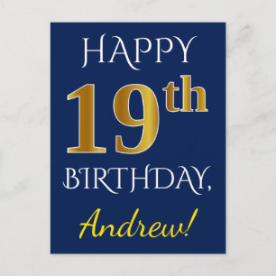Blue, Faux Gold 19th Birthday + Custom Name Postcard