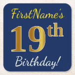 [ Thumbnail: Blue, Faux Gold 19th Birthday + Custom Name Paper Coaster ]