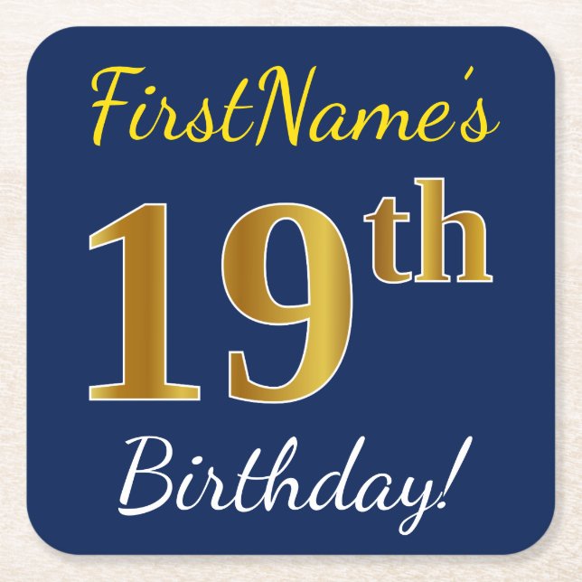 Blue, Faux Gold 19th Birthday + Custom Name Square Paper Coaster (Front)