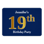 [ Thumbnail: Blue, Faux Gold 19th Birthday Party + Custom Name Invitation ]