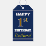 [ Thumbnail: Blue, Faux Gold 1st Birthday + Custom Name Gift Tags ]