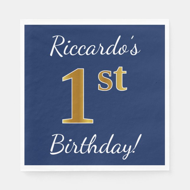 Blue, Faux Gold 1st Birthday + Custom Name Paper Napkins (Front)