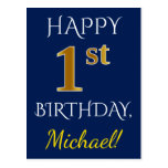 [ Thumbnail: Blue, Faux Gold 1st Birthday + Custom Name Postcard ]