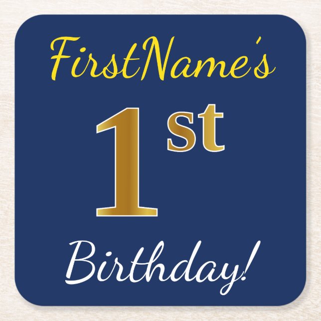 Blue, Faux Gold 1st Birthday + Custom Name Square Paper Coaster (Front)