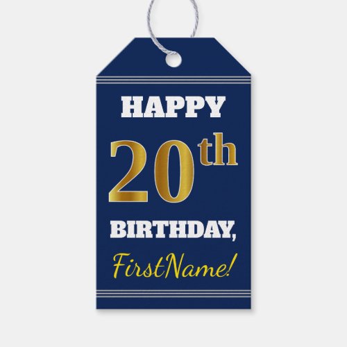 Blue Faux Gold 20th Birthday  Custom Name Gift Tags