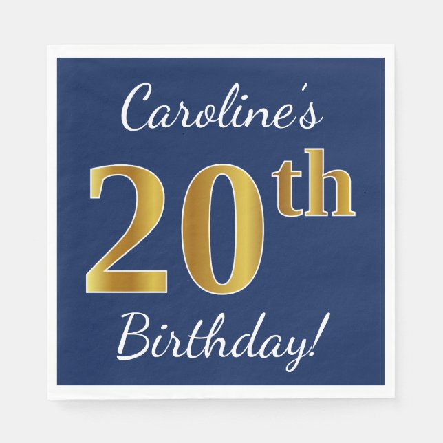 Blue, Faux Gold 20th Birthday + Custom Name Paper Napkins (Front)