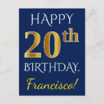 [ Thumbnail: Blue, Faux Gold 20th Birthday + Custom Name Postcard ]
