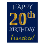 [ Thumbnail: Blue, Faux Gold 20th Birthday + Custom Name Postcard ]