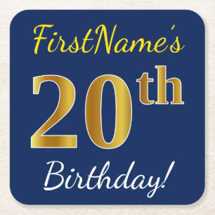 Blue, Faux Gold 20th Birthday + Custom Name Square Paper Coaster