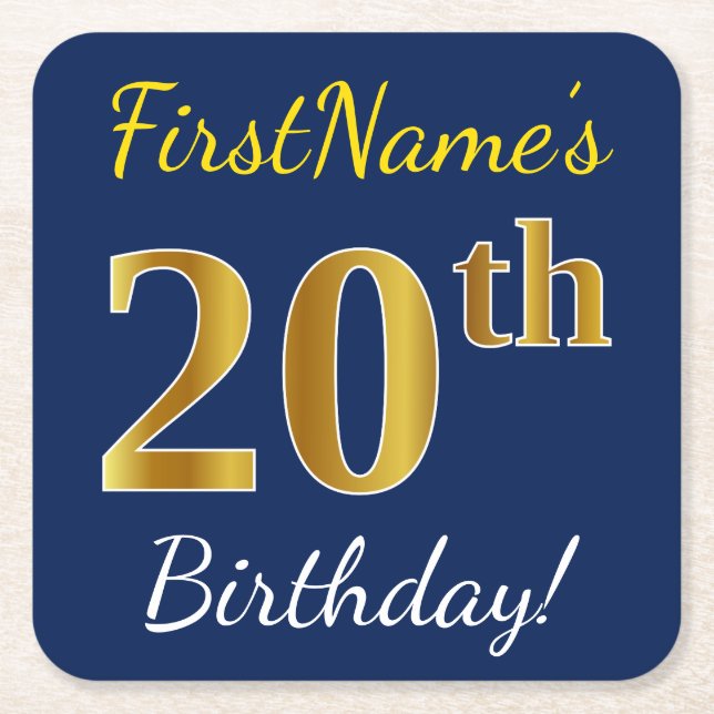 Blue, Faux Gold 20th Birthday + Custom Name Square Paper Coaster (Front)