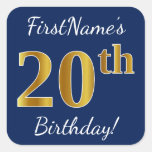 [ Thumbnail: Blue, Faux Gold 20th Birthday + Custom Name Sticker ]