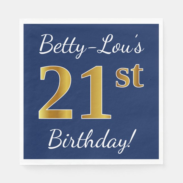 Blue, Faux Gold 21st Birthday + Custom Name Napkins (Front)