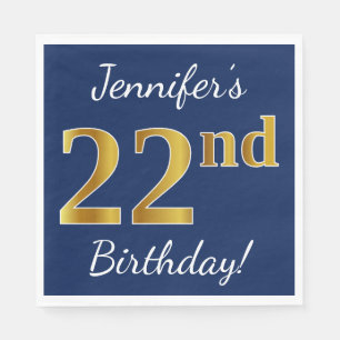 Blue, Faux Gold 22nd Birthday + Custom Name Napkins