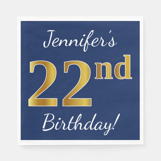Blue, Faux Gold 22nd Birthday + Custom Name Napkins (Front)