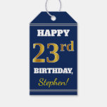 [ Thumbnail: Blue, Faux Gold 23rd Birthday + Custom Name Gift Tags ]