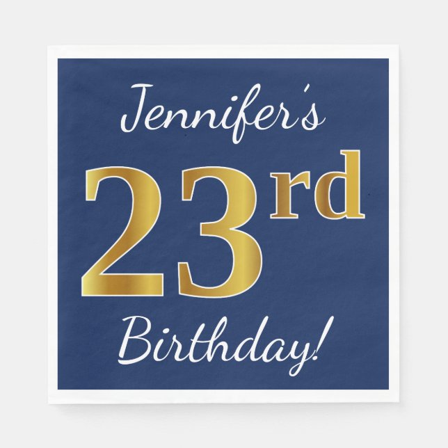 Blue, Faux Gold 23rd Birthday + Custom Name Napkins (Front)