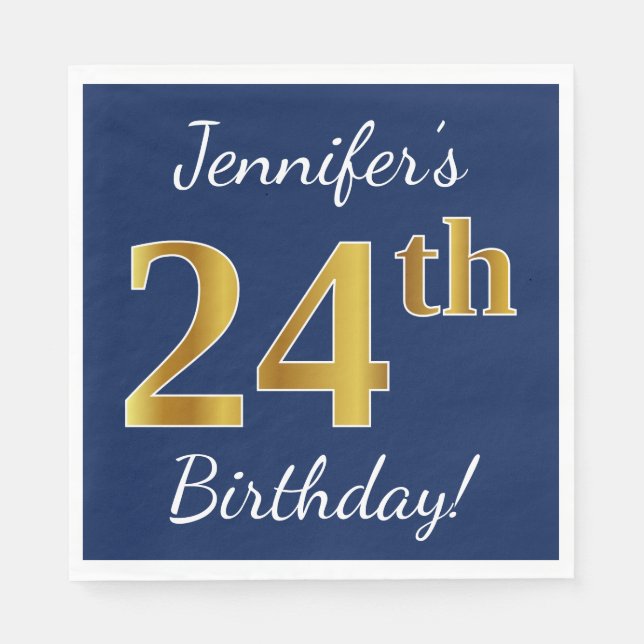 Blue, Faux Gold 24th Birthday + Custom Name Napkins (Front)